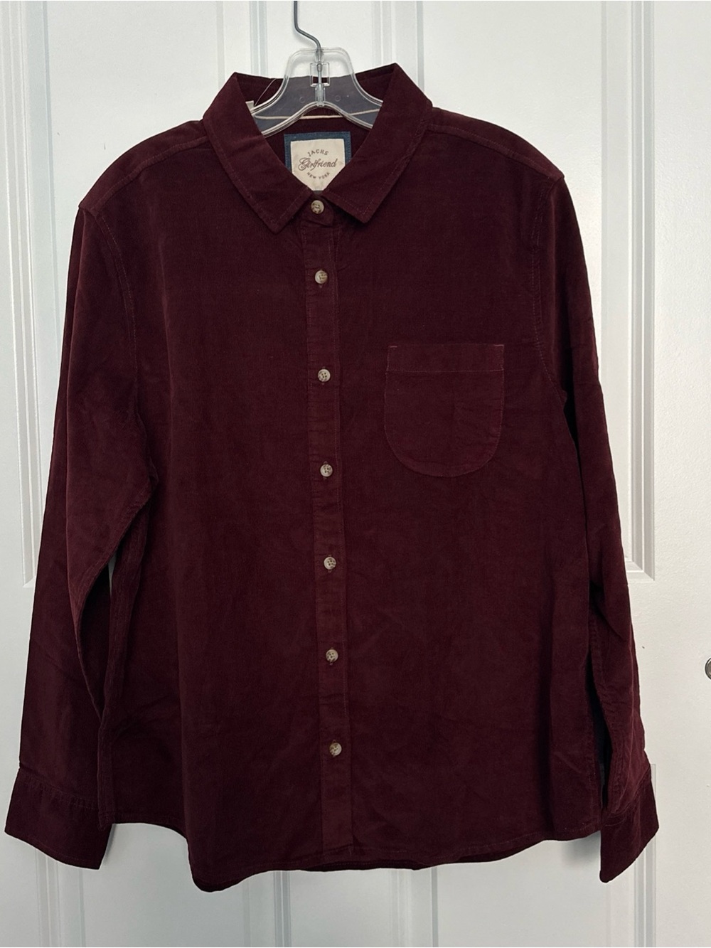 Jacks Girlfriend Woman’s Red Soft Corduroy Cotton Spandex Button Down Shirt Sz L
